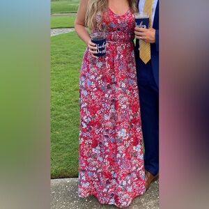 Japna Red White Blue Floral Maxi Dress